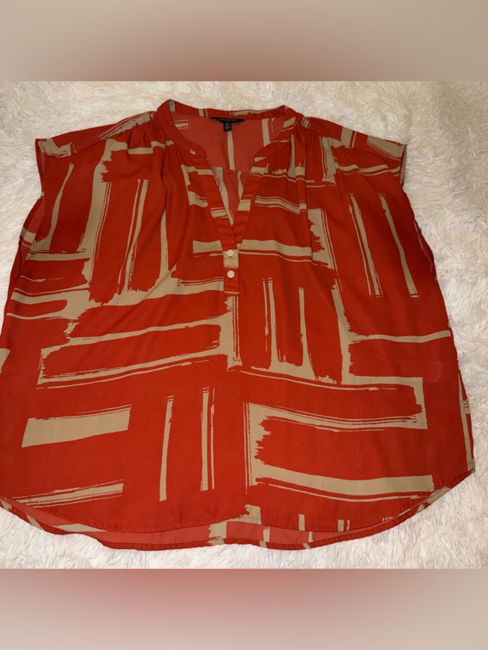 Banana Republic Womens Rust Brushstroke Print Split-Neck Blouse